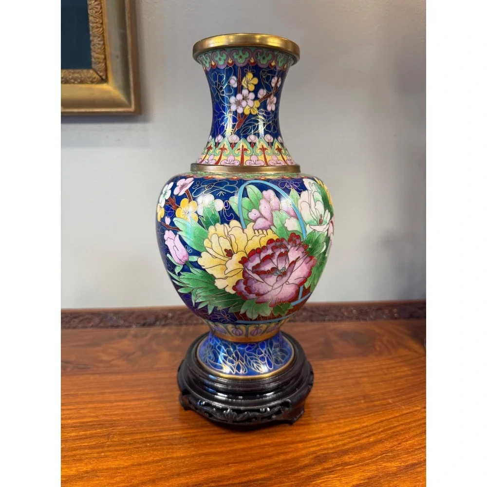 Vintage Cloisonné Vase with Carved Wood Stand